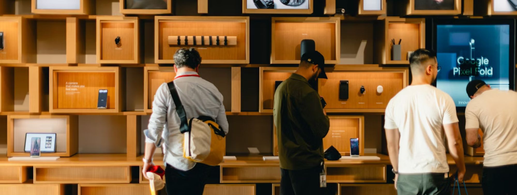 Customers browsing electronics in a modern store with wooden display shelves