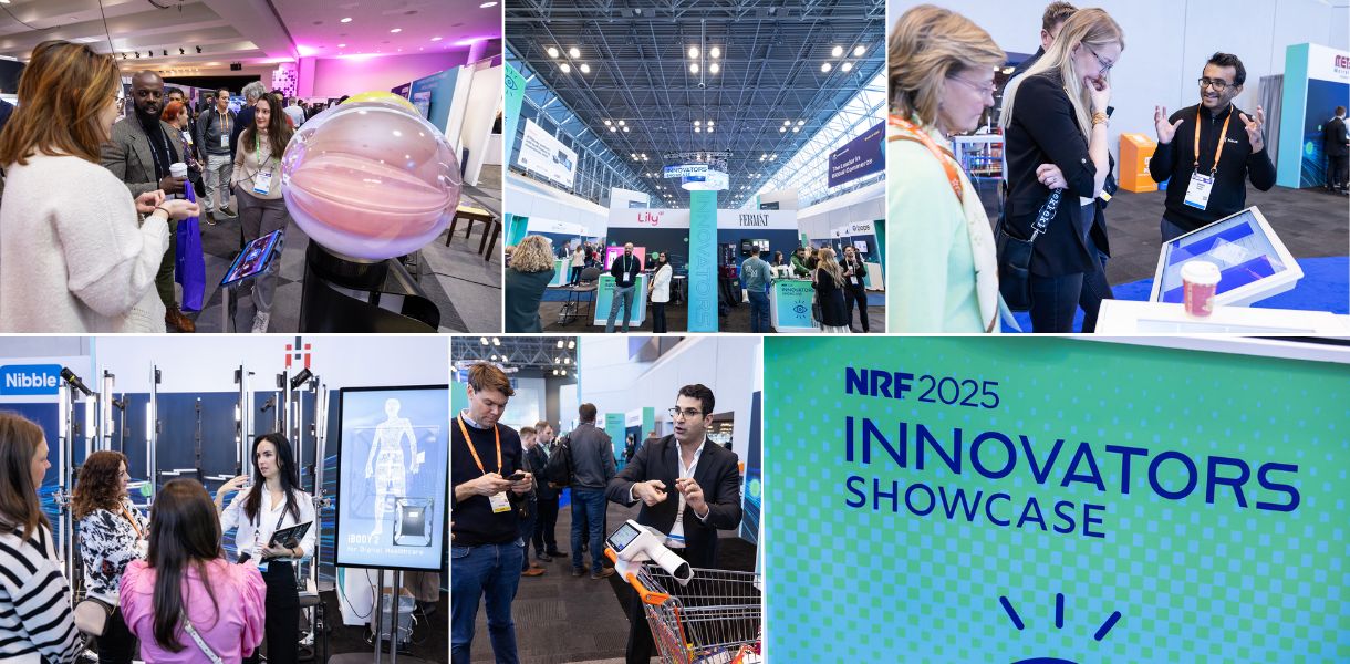 Composite image from the NRF 2025 Innovators Showcase trade show, showcasing various scenes of technological demonstrations and innovations for the retail industry. The photos depict exhibitors interacting with visitors, presenting digital solutions, interactive screens, and innovations in artificial intelligence and data analytics. A large sign displays the "NRF 2025 Innovators Showcase" logo, highlighting the event dedicated to new technologies in retail.