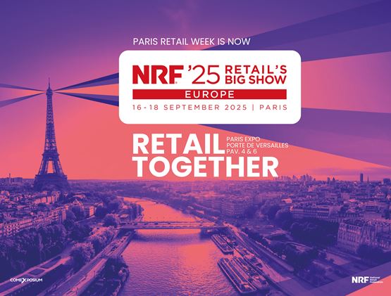 Promotional poster for the NRF 2025 Retail's Big Show Europe event, which will take place at Paris Expo Porte de Versailles from September 16 to 18, 2025. The slogan 'Retail Together' is highlighted on an image of the sunset over the Seine with the Eiffel Tower in the background.