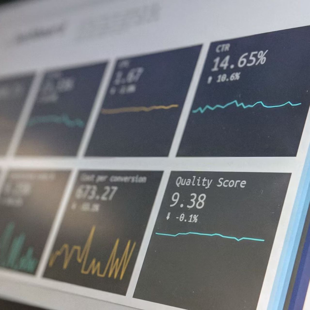 Screen showing data charts, quality score, and cost per conversion